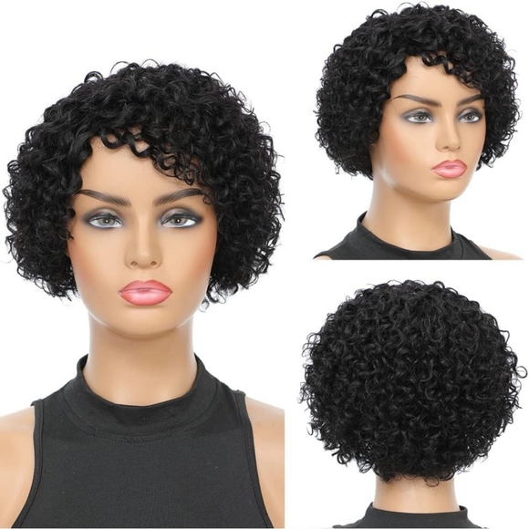 8 inch Deep Wave Side Part Pixie Glueless Afro Kinky Human Hair Wigs. - Picture 1 of 4